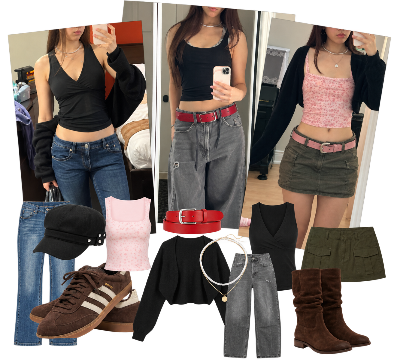 Three outfit photos with the clothing pieces shown below them.