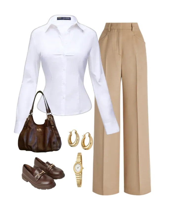 White button-down, camel wide-leg trouser, loafer