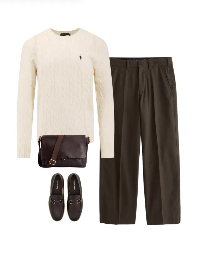 Cream cable knit, dark wide trouser, loafer, structured bag