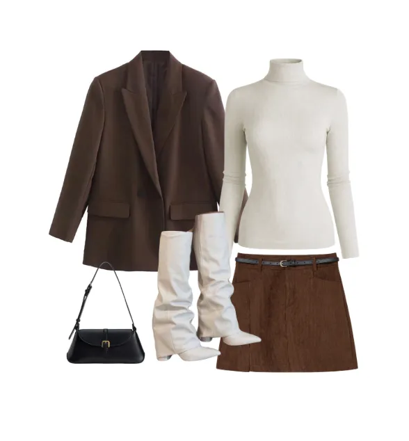 Cream turtleneck under an oversized dark blazer, brown mini skirt, tall boots